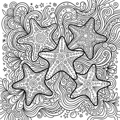 Immerse yourself in a mesmerizing world with this psychedelic cushion stars coloring page. Featuring robust cushion stars amidst a captivating swirl of patterns, it's an intricate journey into abstract ocean beauty.
