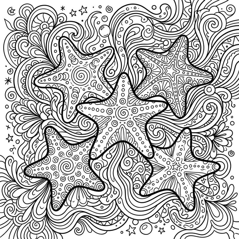 Immerse yourself in a mesmerizing world with this psychedelic cushion stars coloring page. Featuring robust cushion stars amidst a captivating swirl of patterns, it's an intricate journey into abstract ocean beauty.