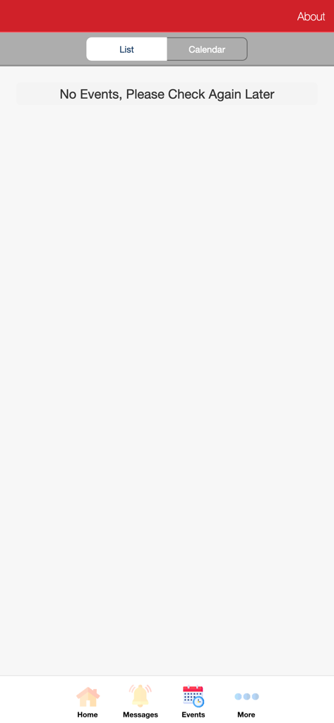 National Karate App - Events section of the National Karate App displaying the list view tab and no upcoming events message.