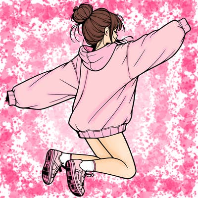 realistic girl jumping with a bun and oversized sweatshirt