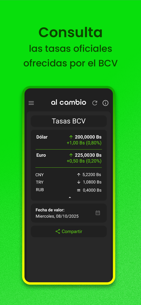 Al Cambio - Dólar en Venezuela - Interfaz de la app Al Cambio mostrando las tasas de cambio oficiales del BCV para el Dólar y el Euro en Venezuela.