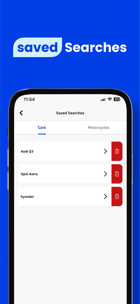 ContactCars: Buy & Sell Cars - 保存された車の検索リストを表示するContactCarsアプリのインターフェイス