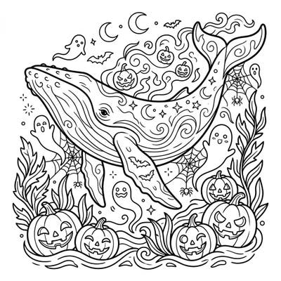 Embark on a unique Halloween adventure with this enchanting coloring page featuring a majestic humpback whale surrounded by festive spooky elements. Perfect for adding a splash of marine magic to your seasonal celebrations.