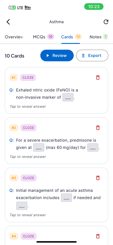 MEDGPTx - Tarjetas de completación médica para el estudio del asma en la aplicación MEDGPTx