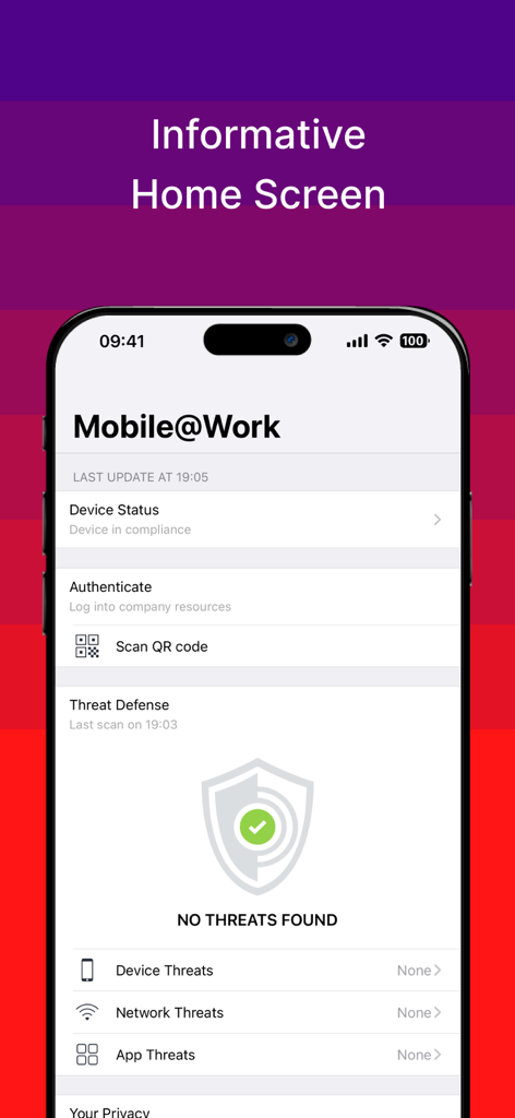 Écran d'accueil d'Ivanti Mobile at Work affichant l'état de conformité et de protection contre les menaces de l'appareil
