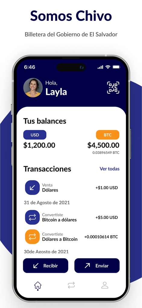Mobile app interface of Chivo Wallet showing USD and Bitcoin balances and transaction list