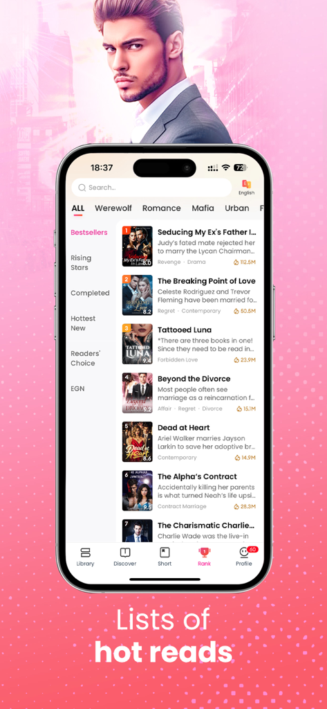 GoodNovel app interface showing a list of top trending romance and werewolf web novels.