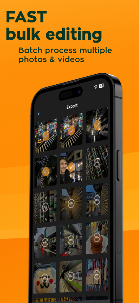 Radiant: AI Photo&Video Editor - The Radiant AI app interface showing the batch processing and bulk media editing feature on a smartphone