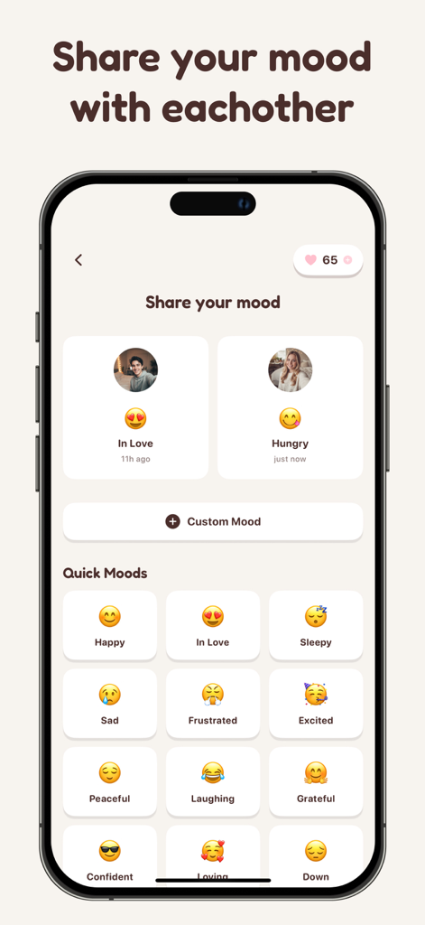 Pookie - Raise a shared pet - Pantalla de compartir estado de ánimo en la app Pookie con emojis para que las parejas actualicen su estado