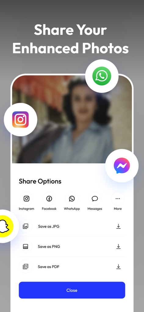 PixelUp: AI Photo Enhancer - PixelUp app interface for sharing enhanced photos to social media and saving in different file formats like JPG PNG and PDF