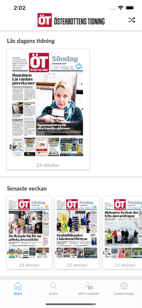The home screen of the eOT news app displaying recent digital newspaper editions for reading.