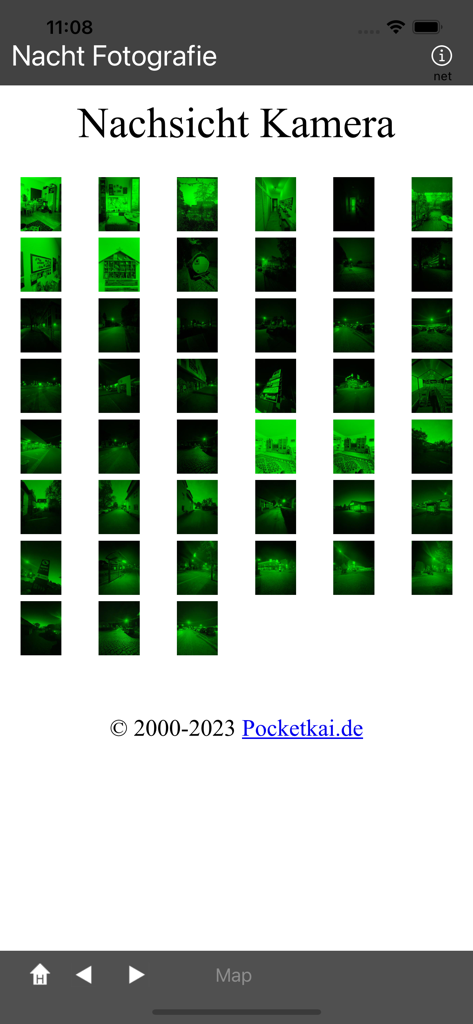 A grid of green tinted night vision photography examples displayed in the app