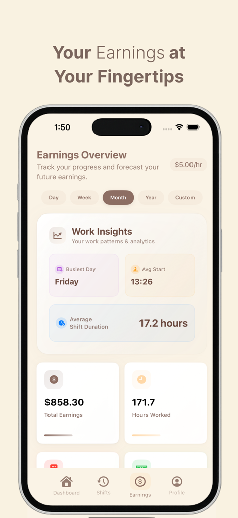 Timely - Track Your Hours - Übersichtsbildschirm der Einnahmen der Timely App, der Einblicke in die Arbeit, Gesamteinnahmen und gearbeitete Stunden anzeigt