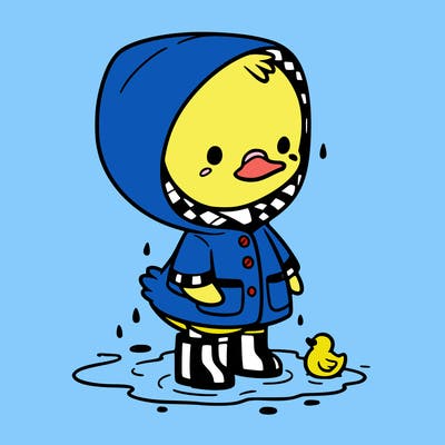baby duck in a rain coat and boots, in a puddle while it’s raining