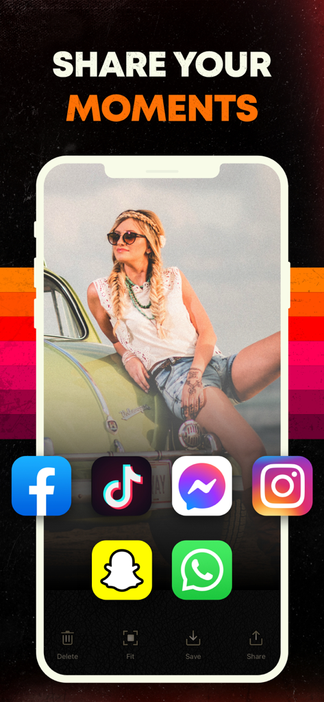 Vintage Camera & Retro Filters - Bildschirm der Vintage-Kamera-App, der ein Retro-Foto und Optionen zum Teilen in sozialen Medien anzeigt.
