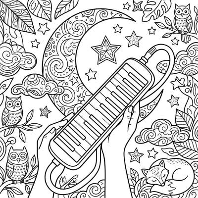 Immerse yourself in a harmonious night scene with this enchanting melodica coloring page. Two hands gently hold the instrument under a celestial sky, surrounded by sleepy forest friends and intricate patterns.
