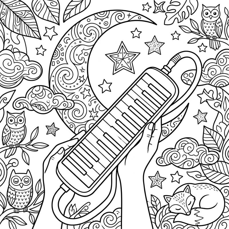 Immerse yourself in a harmonious night scene with this enchanting melodica coloring page. Two hands gently hold the instrument under a celestial sky, surrounded by sleepy forest friends and intricate patterns.