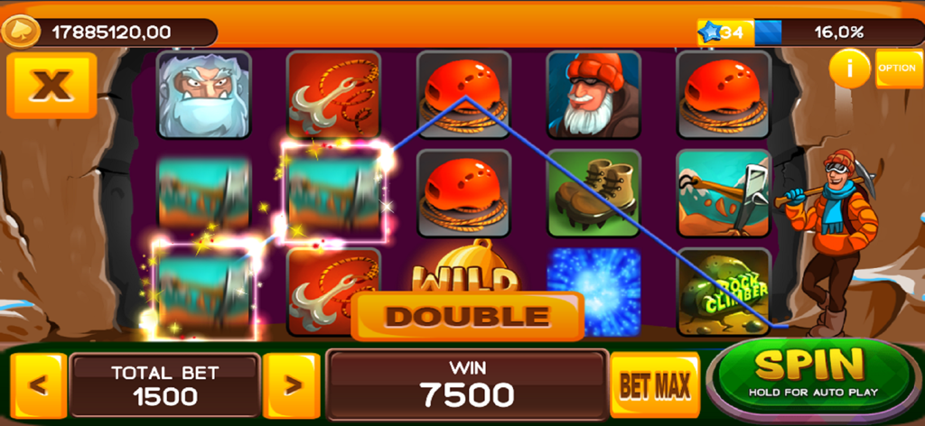 Casino Games: Golden Club 777 - Pantalla de juego de la máquina tragaperras con temática de escalador en Casino Games Golden Club 777 mostrando un giro ganador con iconos de montañismo.