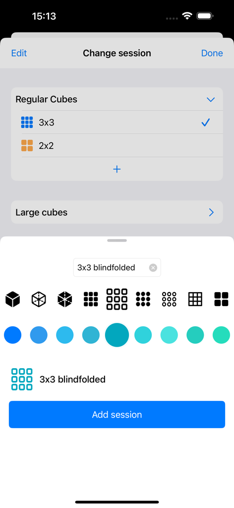 The Cube App Pro - Interface pour ajouter une nouvelle session de speedcubing dans The Cube App Pro avec des icônes personnalisées et des options de couleur.
