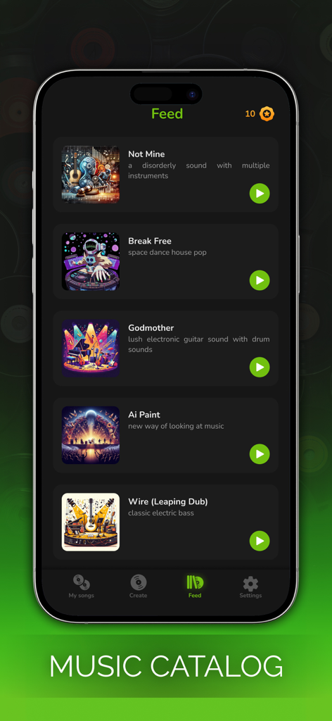 Smusi - AI Music Generator - Smusi app interface showing a feed of AI-generated music tracks in the music catalog.
