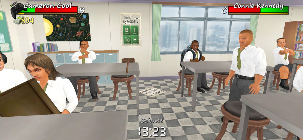 Old School 3D - A retro-style 3D mobile game screenshot showing students in a science classroom during a simulation.