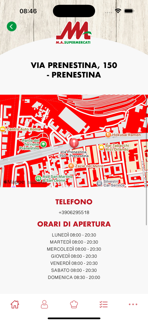 App mobile MA Supermercati che mostra la mappa dell'indirizzo del negozio e gli orari di apertura