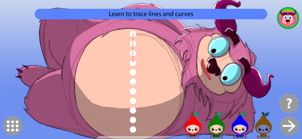 Educational game screen for toddlers showing a tracing activity with a pink monster character