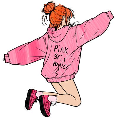 realistic girl jumping with a bun and oversized sweatshirt