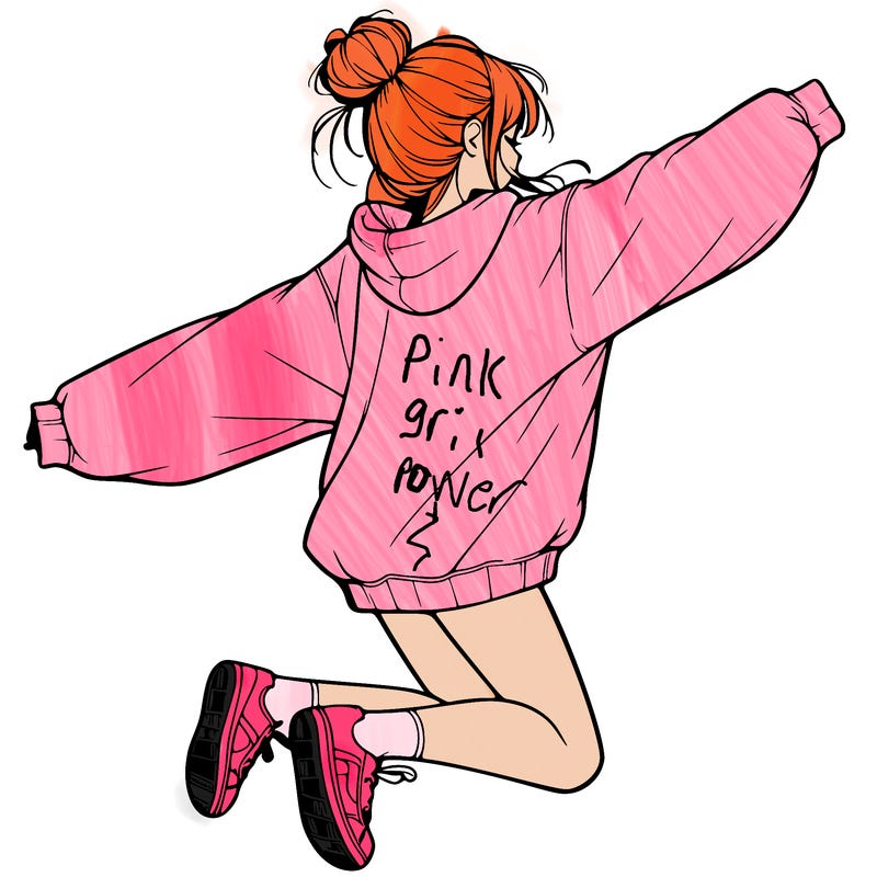 realistic girl jumping with a bun and oversized sweatshirt