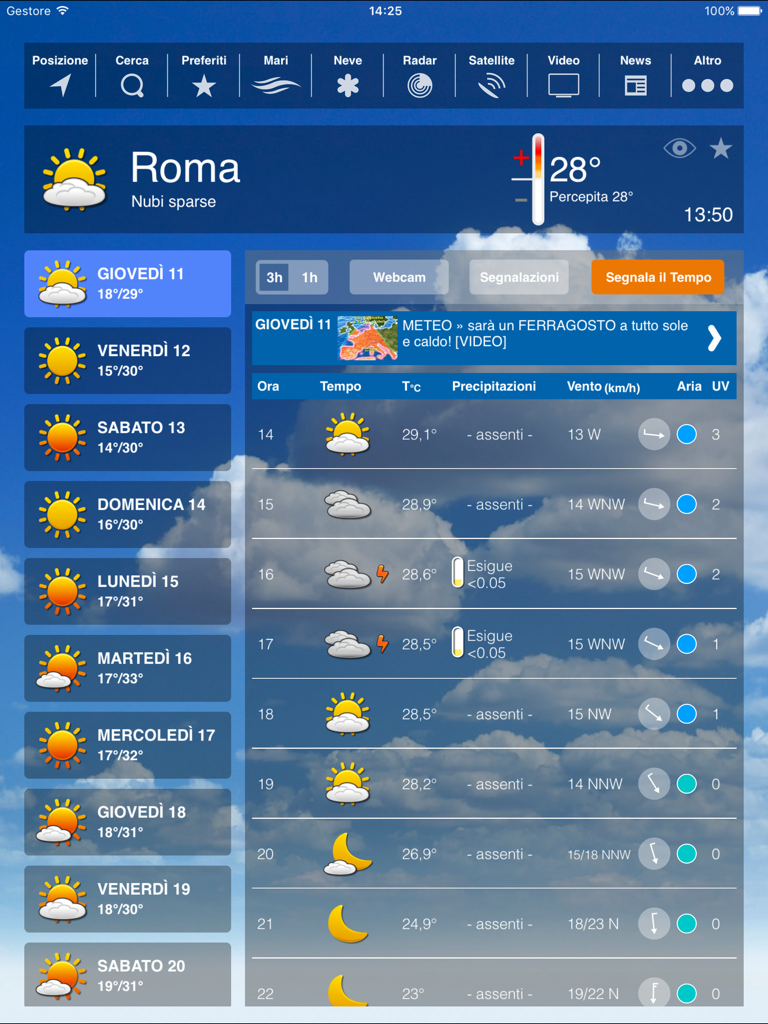 Previsioni meteo per Roma sull'interfaccia dell'app iPad Meteo HD Plus