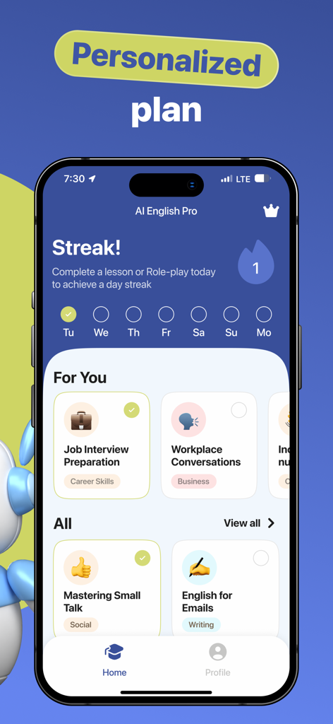 Learn & Speak English・AI Tutor - Panel de la aplicación AI English Pro mostrando un plan de aprendizaje personalizado con módulos para entrevistas de trabajo y conversaciones en el lugar de trabajo.