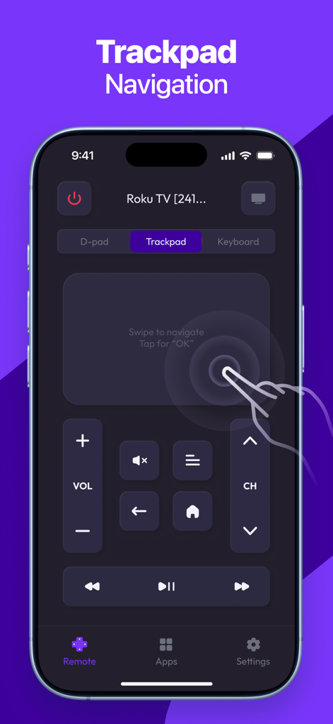 iPhone interface of a Roku TV remote app highlighting the trackpad navigation feature
