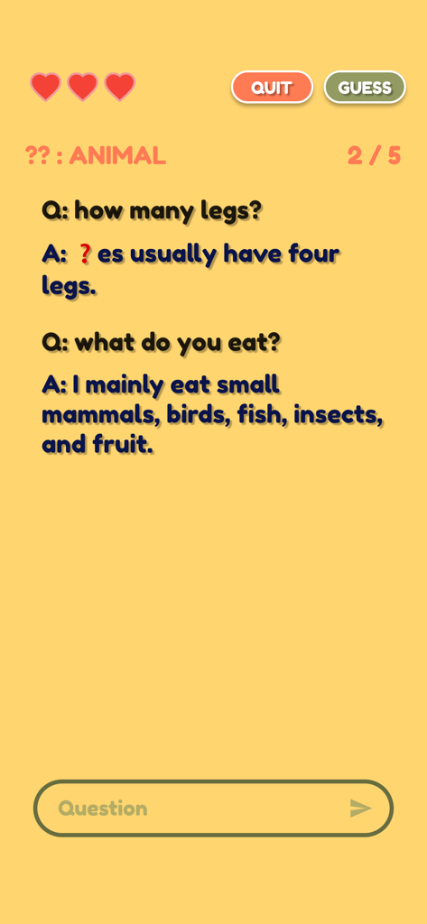 Guess Me!!! - AI word guessing game interface showing a conversation to identify an animal