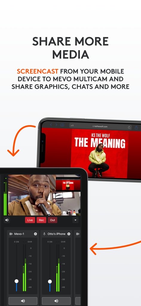 Logitech Mevo Go 앱에서 멀티캠 라이브 스트림으로 스마트폰에서 미디어를 화면 공유하는 방법 시연