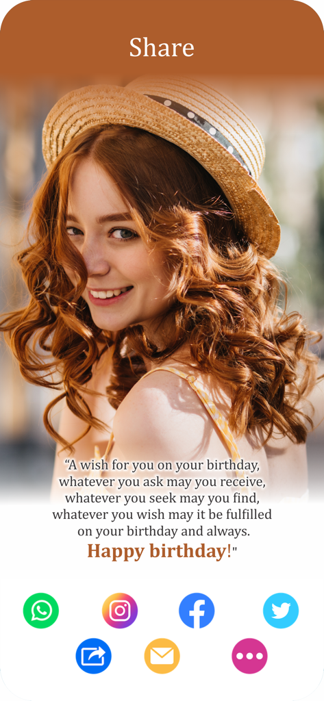 Happy Birthday Video Maker - Una pantalla para compartir que muestra un mensaje de cumpleaños personalizado con una foto de una mujer e íconos de redes sociales para compartir fácilmente