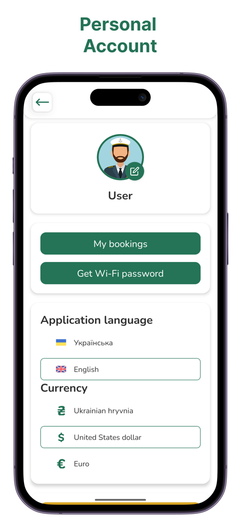 Schermata dell'account personale dell'app Kosino con opzioni per prenotazioni, password Wi-Fi, selezione della lingua e della valuta.