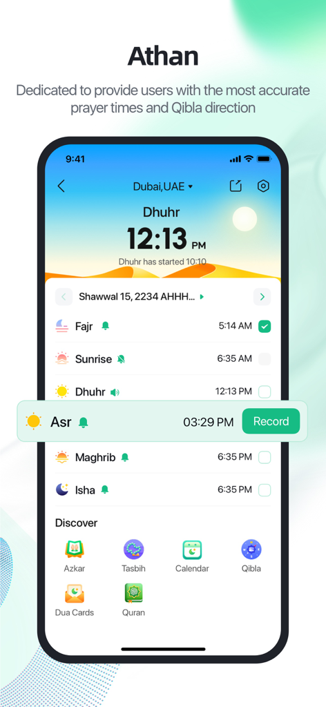 YallaChat - YallaChat app interface showing Athan prayer times and Islamic religious features like Qibla and Quran