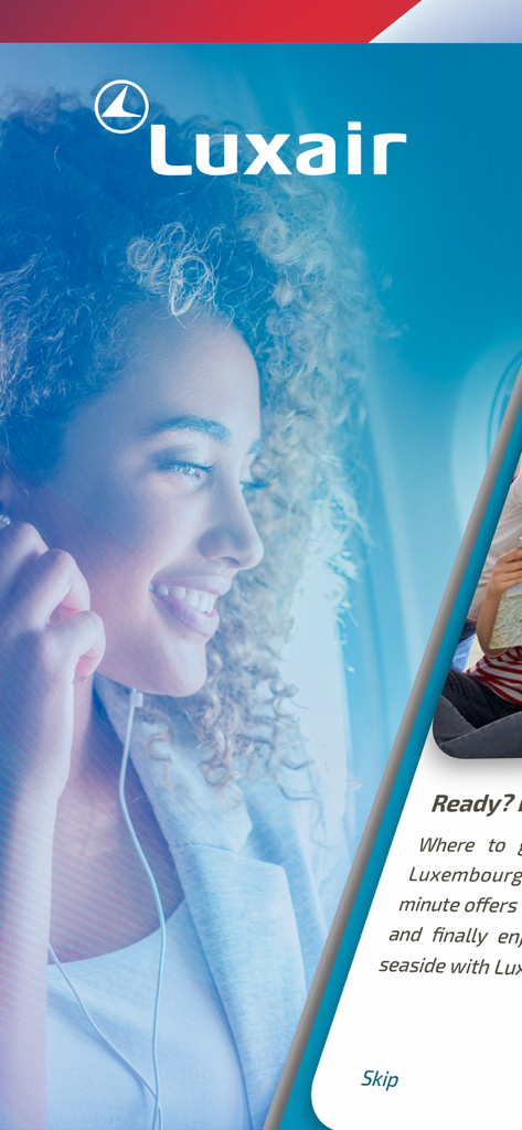 Pantalla de bienvenida de la aplicación Luxair con un viajero sonriente en un avión