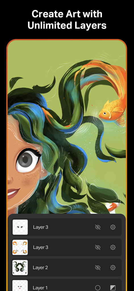 Ilustração digital de um personagem com um peixe dourado mostrando o sistema de gerenciamento de camadas ilimitadas no Sketch Pro