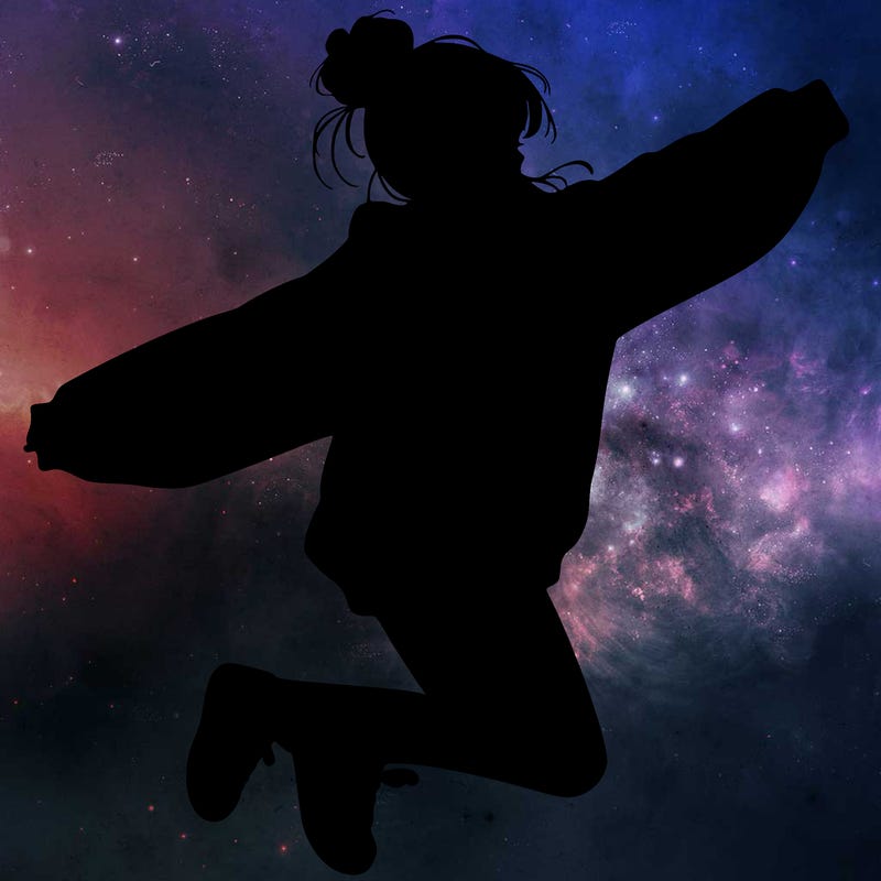 realistic girl jumping with a bun and oversized sweatshirt