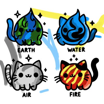 4 cats that represent the different elements, earth, water, air, and fire