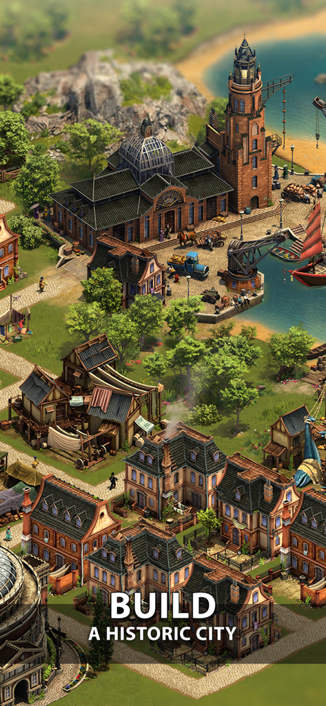 Forge of Empires: Build a City - Una dettagliata città storica con un porto e un faro in Forge of Empires