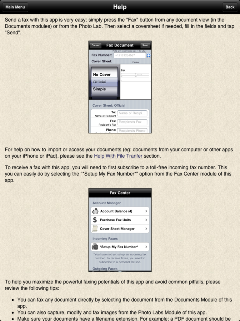 Faxing for iPad - Instructional help screen for the Faxing for iPad app showing how to send faxes and manage account settings