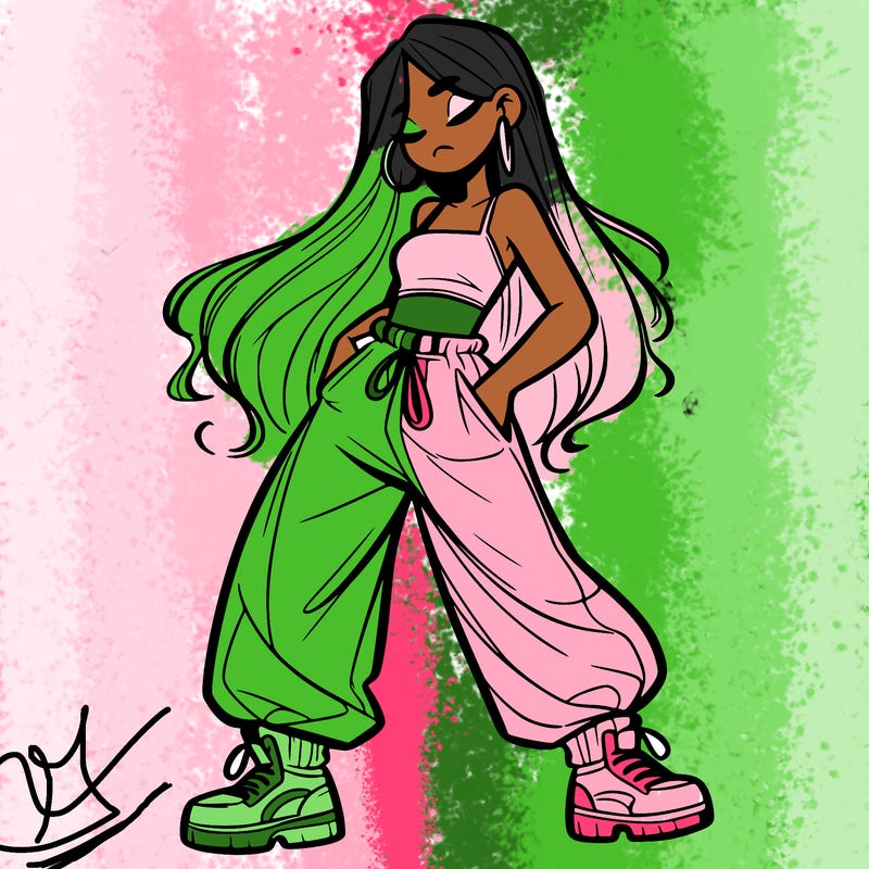 girl in baggy pants crop top and long hair