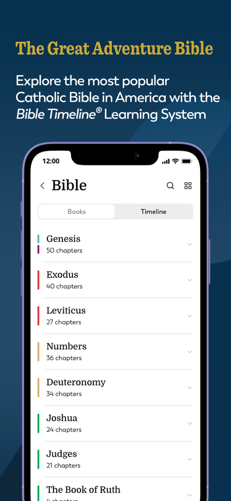 Screenshot of the Ascension Catholic Bible app showing a list of Bible books including Genesis and Exodus