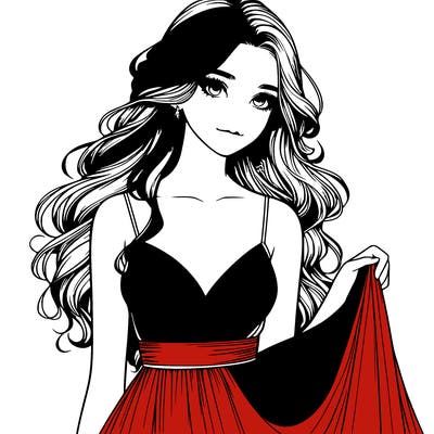 realistic girl in flowy silky prom dress