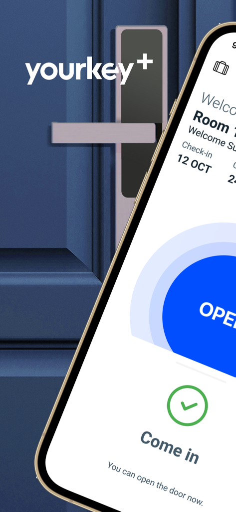 YourKey Plus - Smartphone screen showing the YourKey Plus app interface with a button to unlock a door