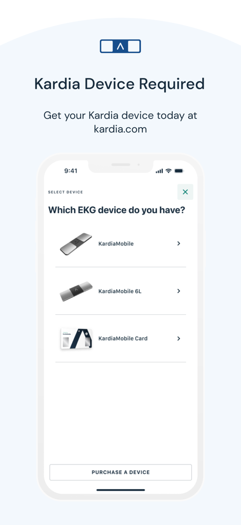 Kardia - Mobile screen of the Kardia app showing options to select an EKG device such as KardiaMobile or KardiaMobile 6L