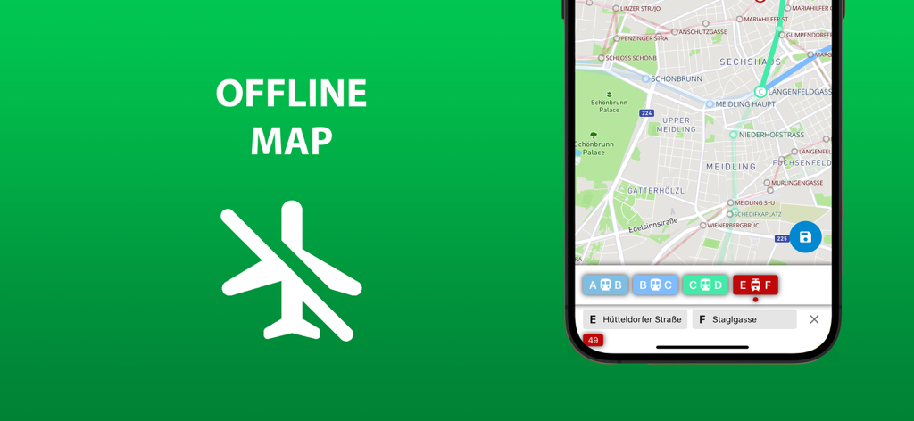 Public transport map Vienna - Screenshot of the Vienna public transport app showing its offline map feature with metro and tram routes on a green background.