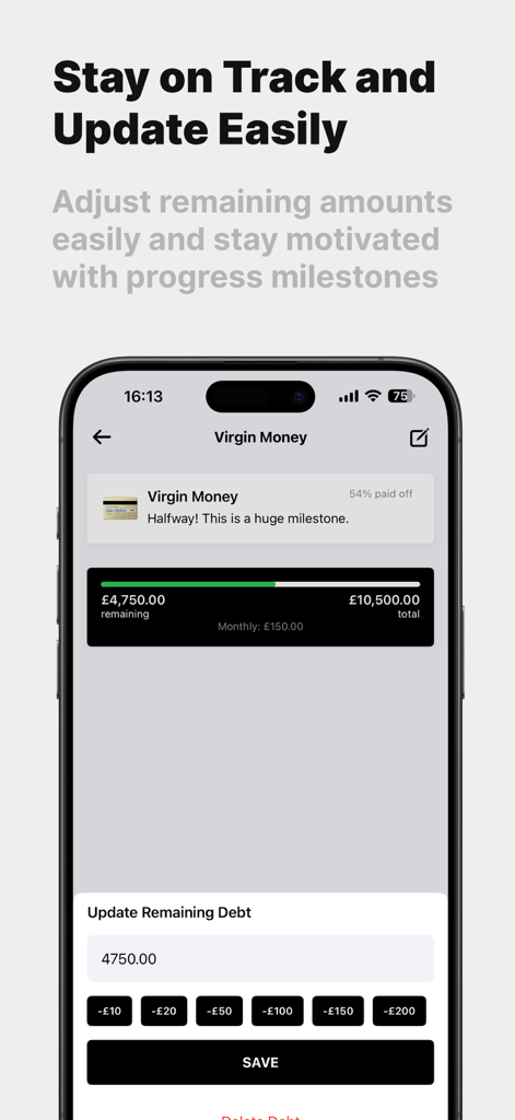 Balance Due - Balance Due app screen showing debt repayment progress and motivational milestones